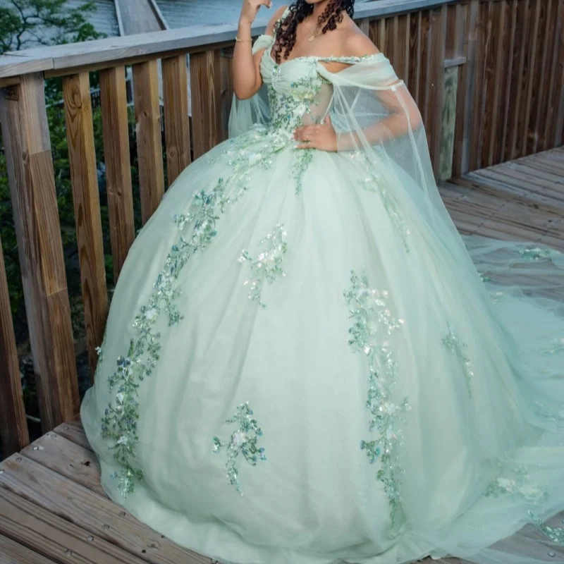 

Mint Green Quinceanera Dresses Off the Shoulder Sequins Flower Decal Long tail Vestido De 15 Quinceanera Customize