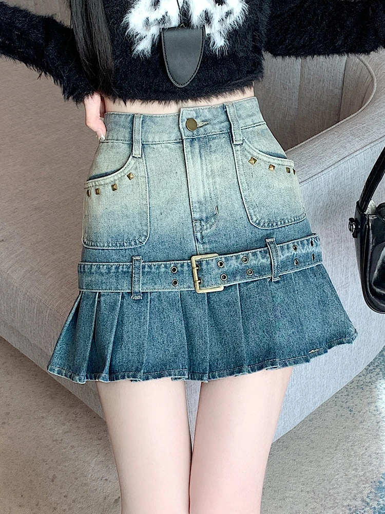 

Vintage Rivet Pleated Skirts Women High Waist Casual Pocket Short Mini Jeans Skirts Korean Fashion Denim Skirts Street Outfits