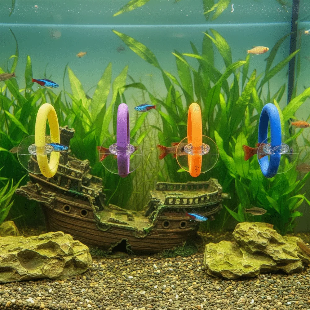 4PCS/SET Suction Cup Fish Training Ring Colorful Fish Tail Toy Fish Teasing Toys Waterproof Betta Training Circle