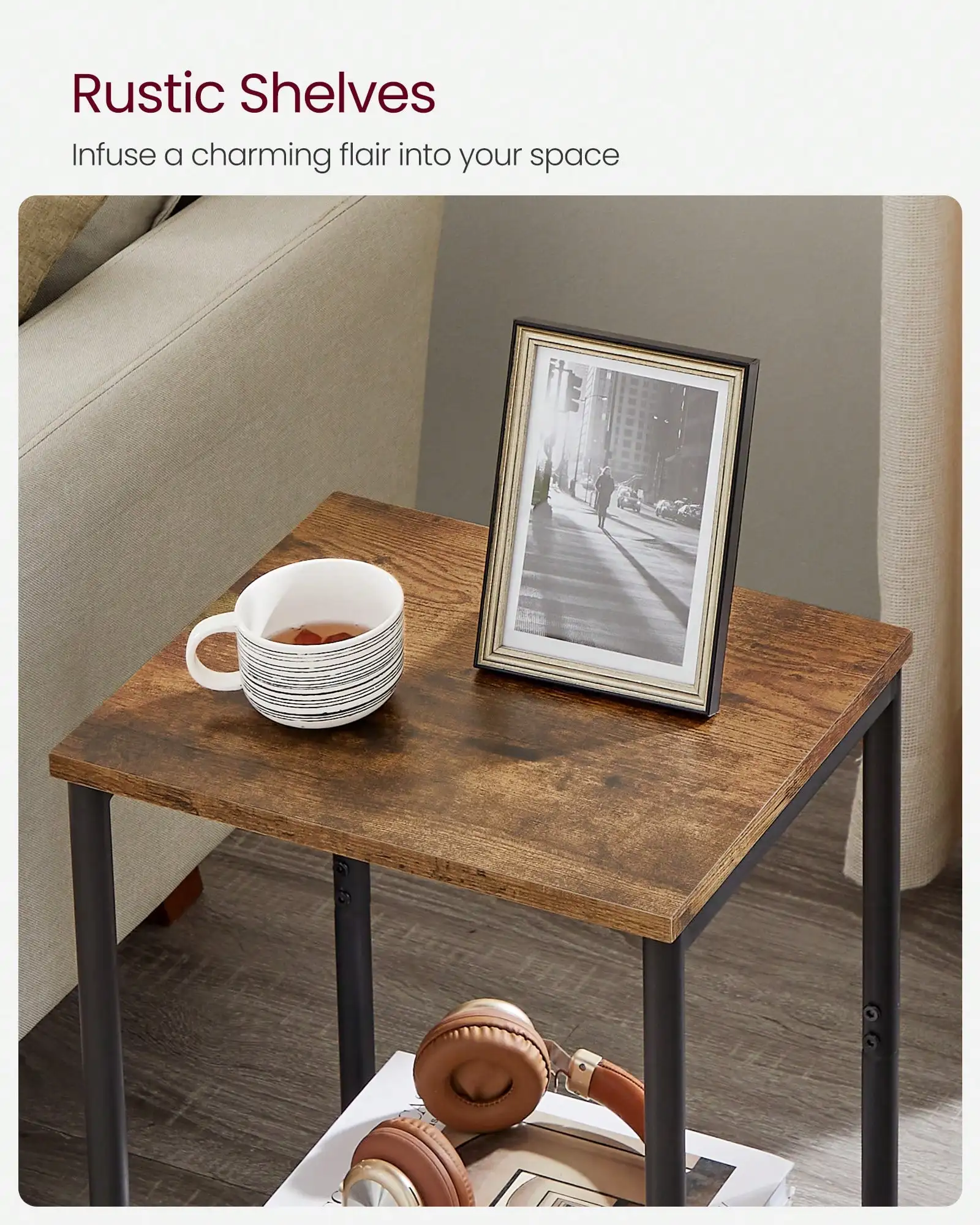Tables d'appoint lot de 2, petite table d'appoint, table de chevet pour salon, chambre à coucher, bureau, salle de bain, marron rustique et noir ULET272B01
