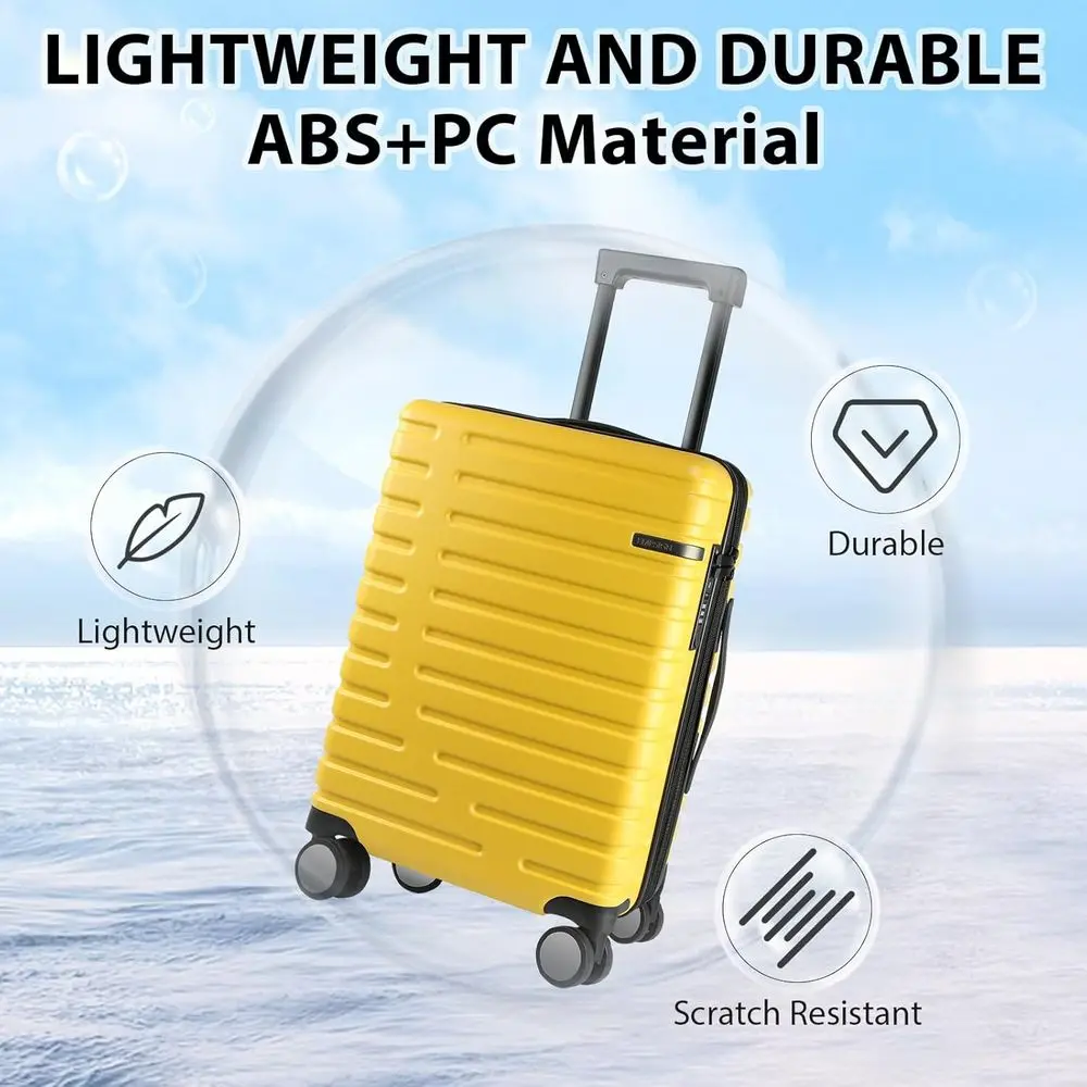 Yellow 20-Inch Expandable Hard Shell Carry-On Suitcase with Spinner Wheels and TSA Lock, Airline Approved
