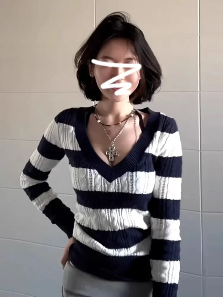 Women Striped Contrast Color Slim Casual Pullovers Sweet and Elegant Ladies Woman Pullovers Loose Simple Basic Top Female