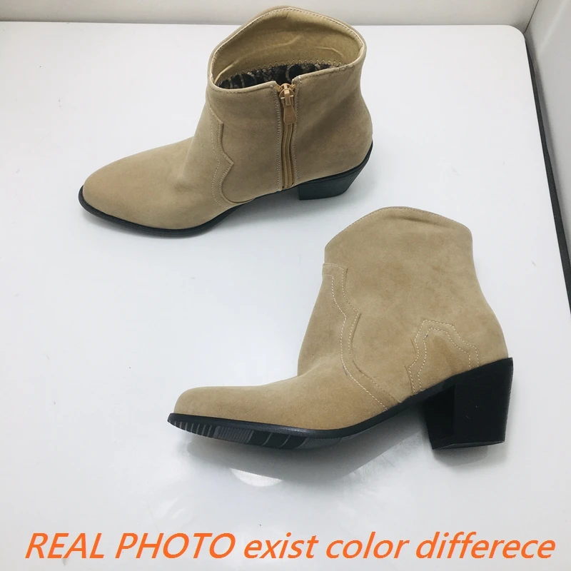 Girseaby Female Ankle Boots Flock Suede Pointed Toe Block Heels 6cm Zipper Large Size 45 46 47 48 Leisure Daily Western Booties