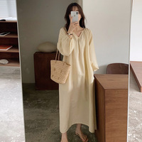Vintage 100% Cotton Women Dress V Neck Long Sleeve Korean Jananse Pajama Dresses Ladies Comfortable Homewear Wearable Outside
