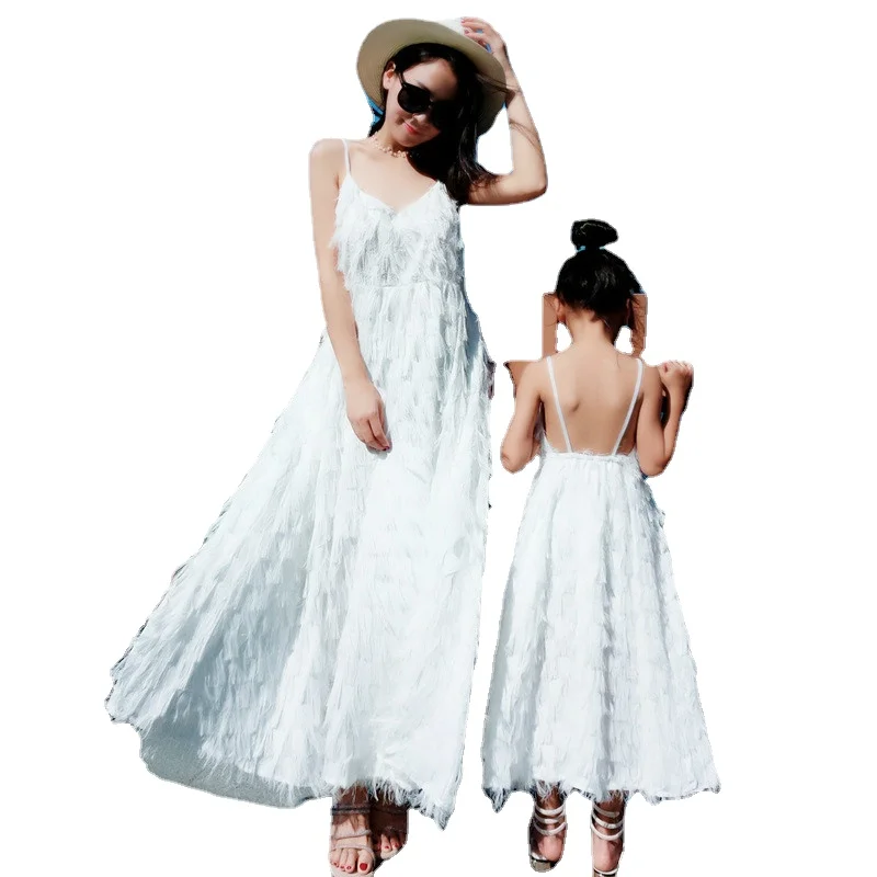 

Family Matching Clothes Mother Daughter Dress Tassels Feathers Dress Long V Neck White Party Dress Holiday Summer Dresses CA998