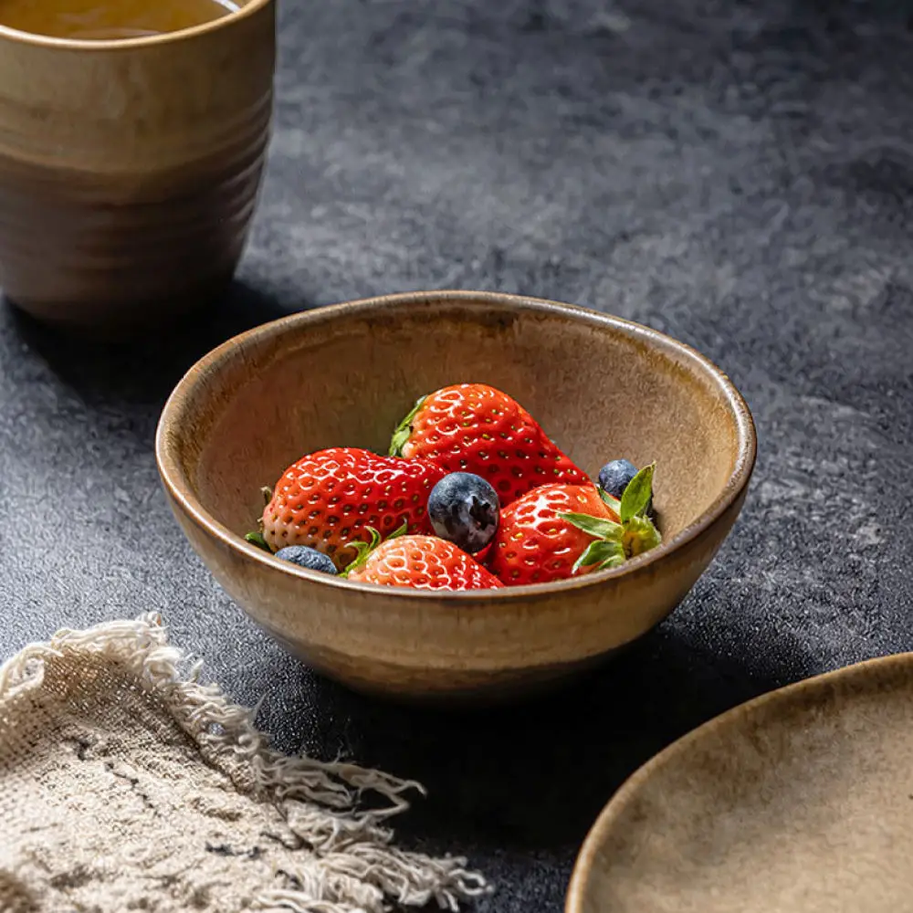 Home Kitchen Retro Ceramic Tableware Round Plate Bowl Set Rustic Style Dining Supplies Durable Food Serving Dish