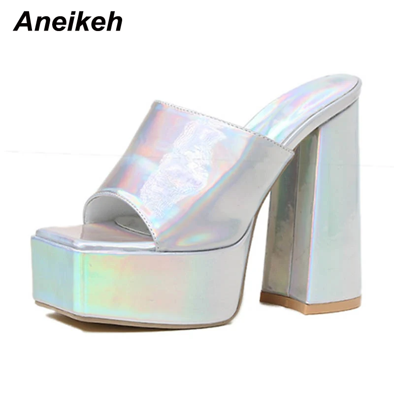 Aneikeh 2024 New Fashion Open Toe Platform High Heel Women Summer Mules Slip-On Outdoor Slippers Sandals Size 35-42 Silver Gold