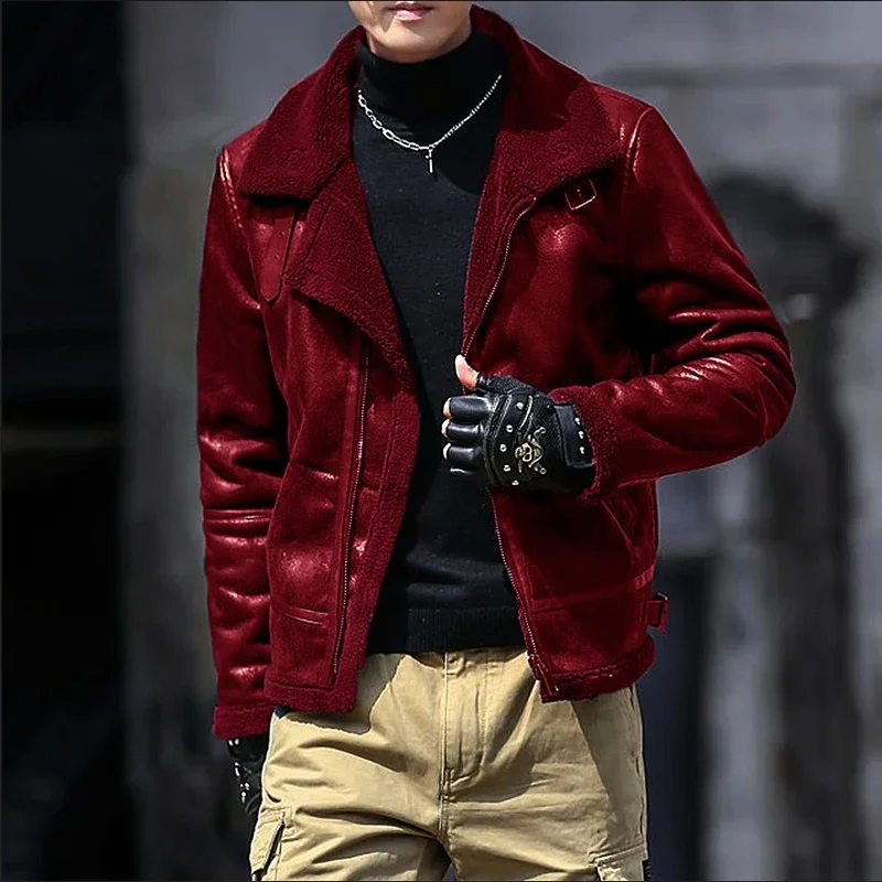 

Classic Wool Liner Leather Jackets For Men Slim Long Sleeve Zip-up Lapel Fleece PU Coats Winter Thick Warm Motorcycles Outerwear