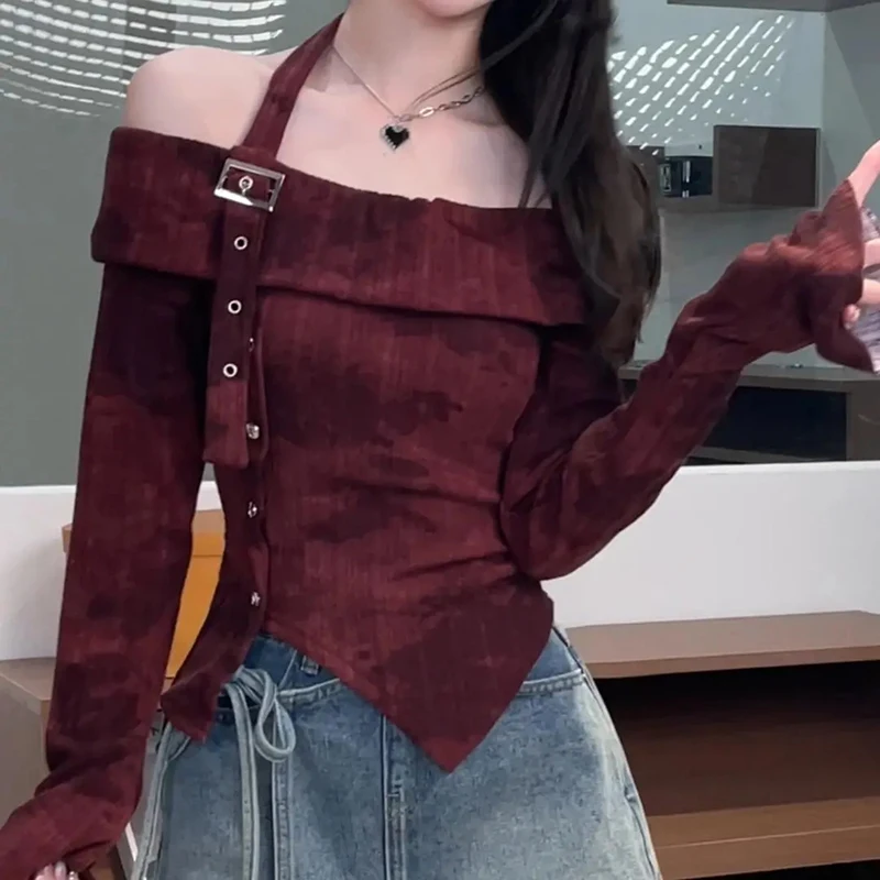 Retro Rivet Women T Shirt Autumn Slash Neck Tie Dye Off Shoulder Long Sleeve Tees Patchwork Halter Y2K Hotsweet Vintage Tops