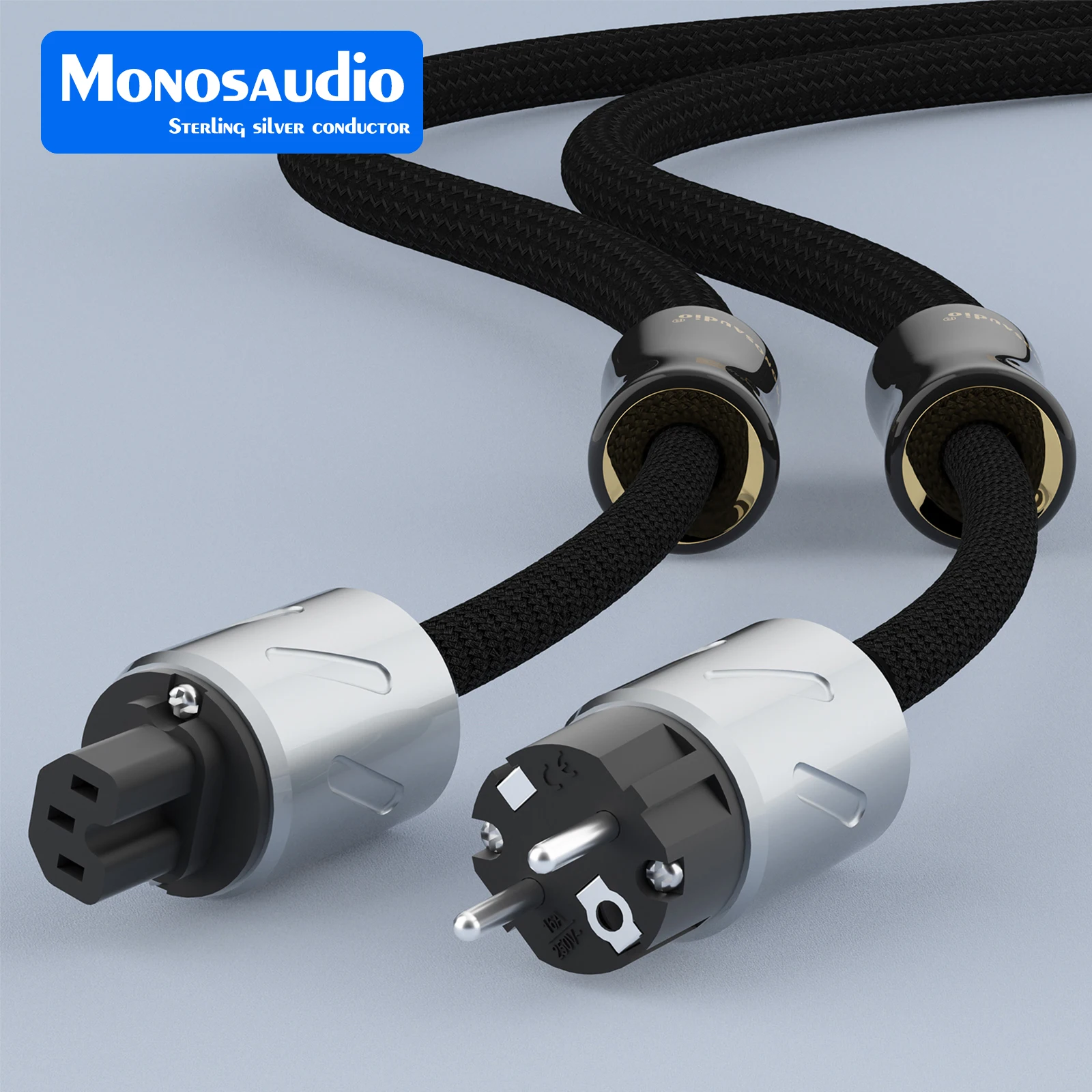 Monosaudio Eclipse Reference Series 6N Pure Silver Schuko Power Cable Hi-End Supply Cord With Rhoium Plated Plug