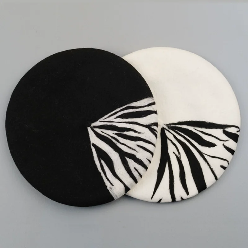 

Women Zebra Striped Pattern Warm Wool Beret, Cute Wool Hats
