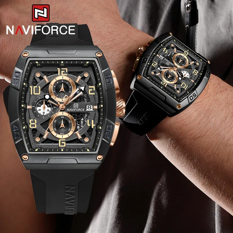 

NAVIFORCE Top Brand Men's Wine Bucket Quartz Watch Silicone Band 3ATM Waterproof Date Fashion Sports Quartz Watches for Men