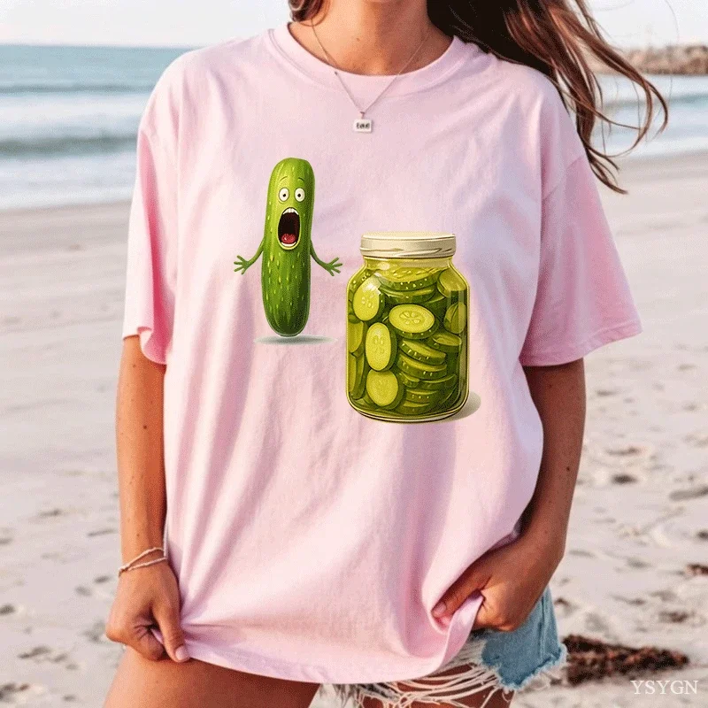 Soft Women Graphic Print T-Shirt Playful Pickle Cucumber Design Summer Tee Comfortable Fabric Ladies Casual Top Crew Neck Tops