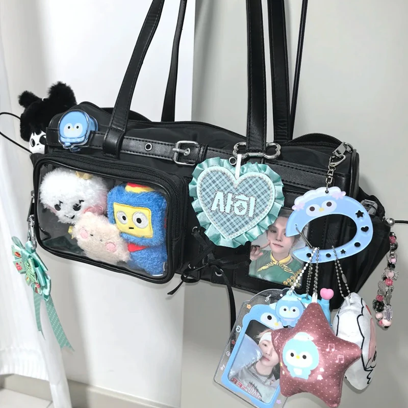 

K-pop Fans Y2K Ita Shoulder Bag with Transparent Pocket for Girls Merchandise Storage Fashionable Korean Pop Culture Accessory
