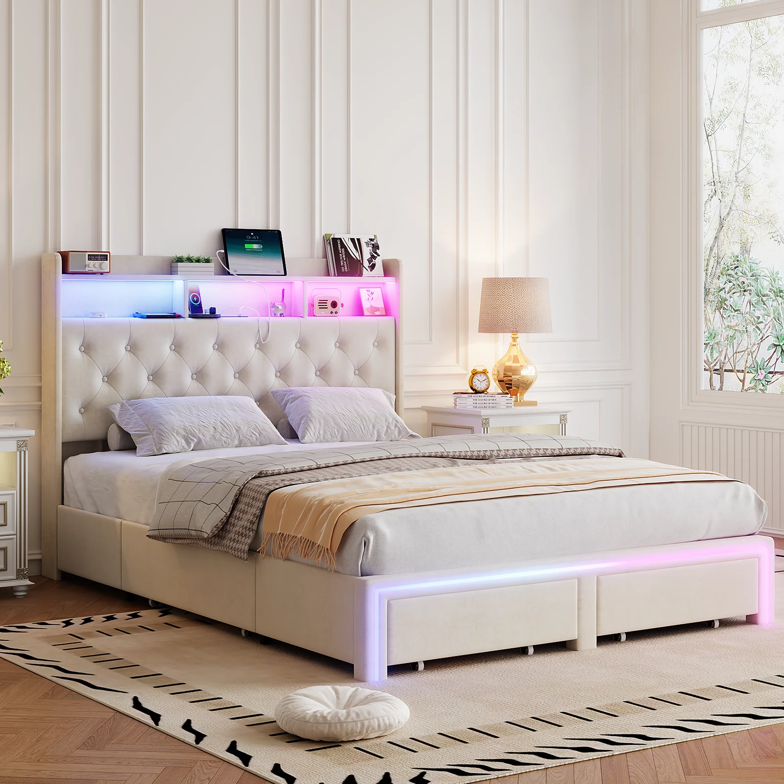 Queen LED Bed Frame With 4 Hidden Storage Compartments,Velvet Platform Bed With 2 Storage,3-In-1 Power Combo & Fast Charging