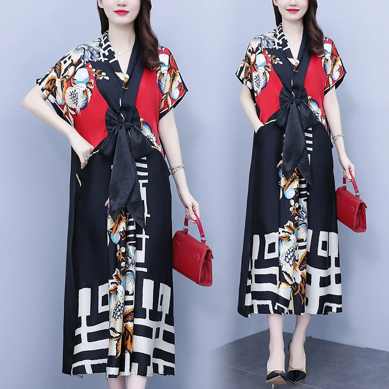 Summer 2023 New Fashionable Silk Short Sleeve Print Loose Fit Dress Summer V-Neck Retro Bat Sleeves Slim Over Knee Long Dress