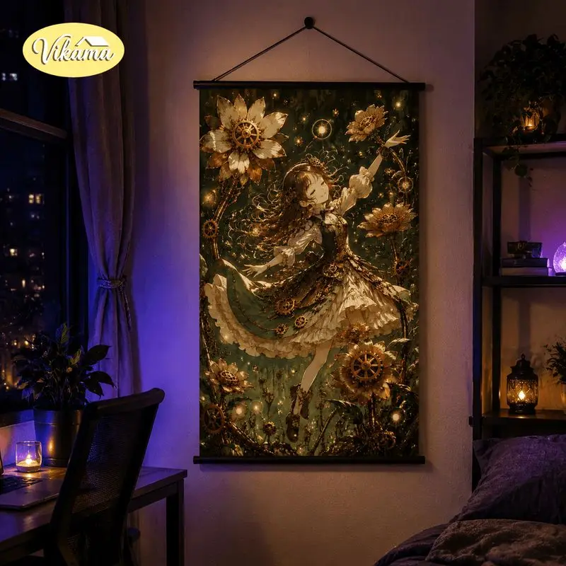 VIKAMA Steampunk Anime Girl Tapestry Vintage Gear Plant Art Wall Hanging Bedroom Living Room Aesthetic Home Decor