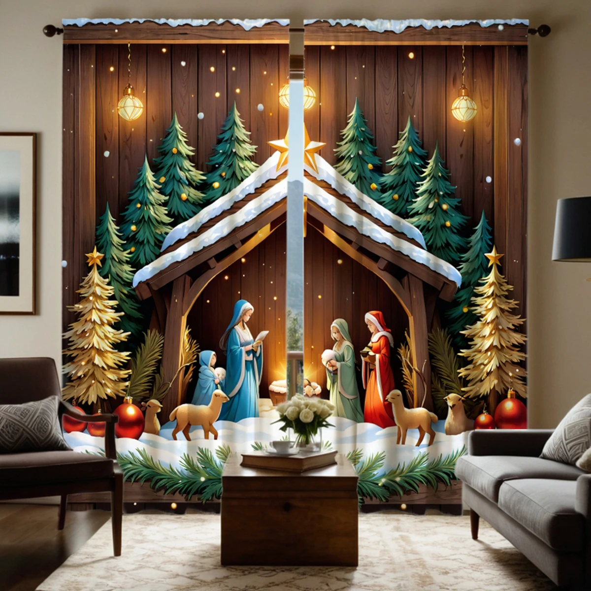 2 pieces of HD digital yellow curtains tied under the Christmas tree home decoration style decoration living room bedroom wear r