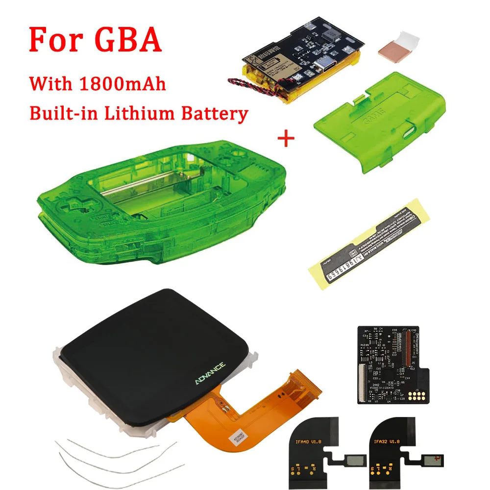 1800mAh Built-in Lithium Battery with Type-C Charging Port Cover With Shell Sets for GBA IPS V3 V4 Pre Laminated Screen LCD Kits