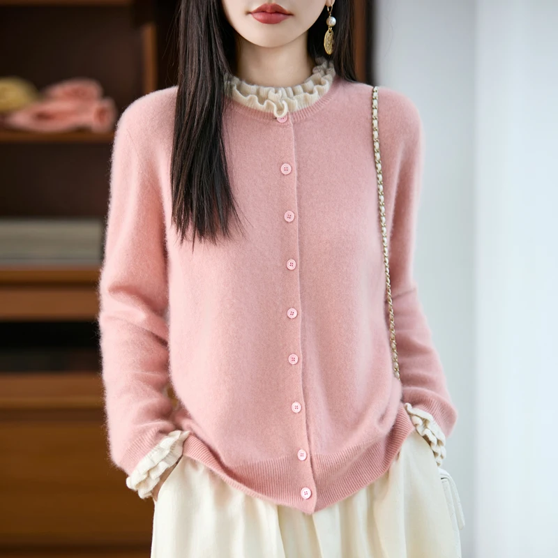 Cardigan en laine pour femme, pull froissé, doux, chaud, ample, mode, blocage des couleurs, vêtements tricotés, confortable et élégant, 2025