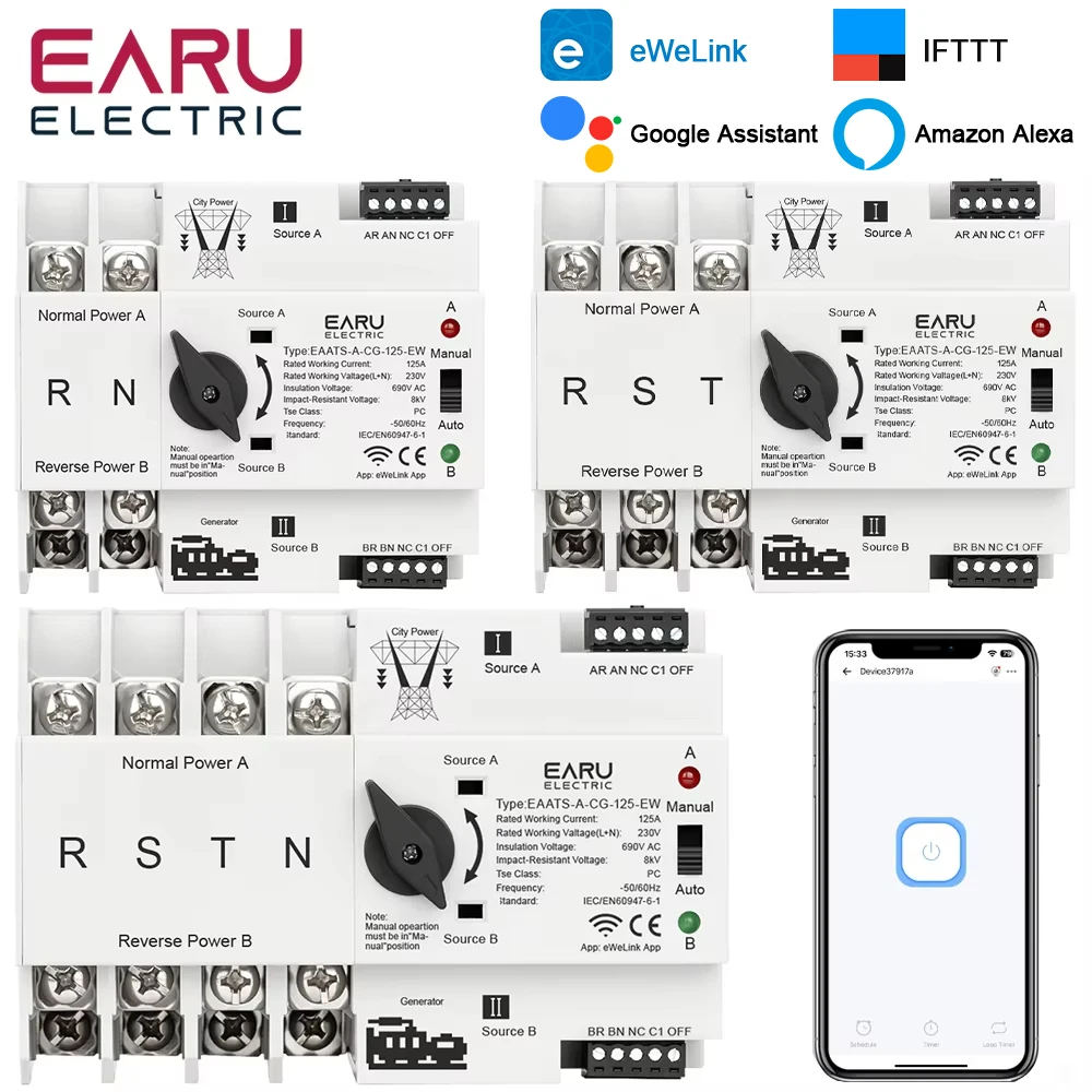 EARU WiFi Smart Remote Control 2P 3P 4P 125A AC 230V Uninterrupted Electrical Selector ATS Dual Power Automatic Transfer Switch