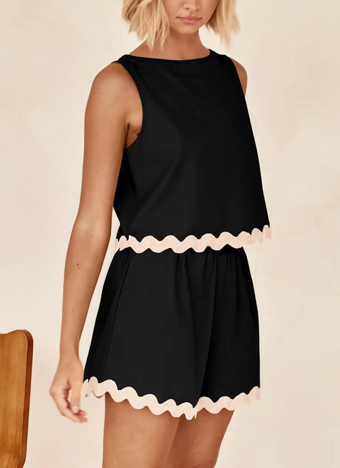 

Wavy Pattern Patchwork 2 Piece Sets Women Causal O Neck Sleeveless Tops + High Waist Shorts Summer Holiday Beach 2 Pieces Set