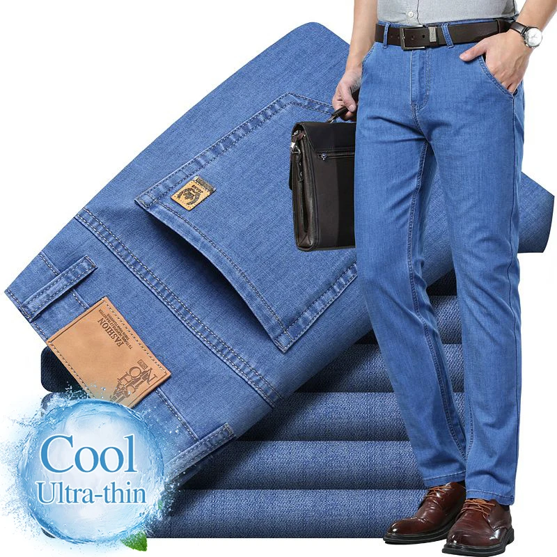 

2026 Summer Men's Ice Silk Elastic Jeans Light Color Soft Comfortable Straight Leg Denim Pants Business Casual Thin Trousers