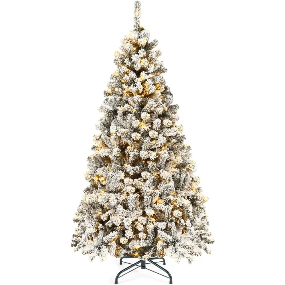

6 Feet Tall Pre-lit Artificial Christmas Tree with Snowy PVC and Hinged Pine Design, Equipped with Metal Stand and LED Lights