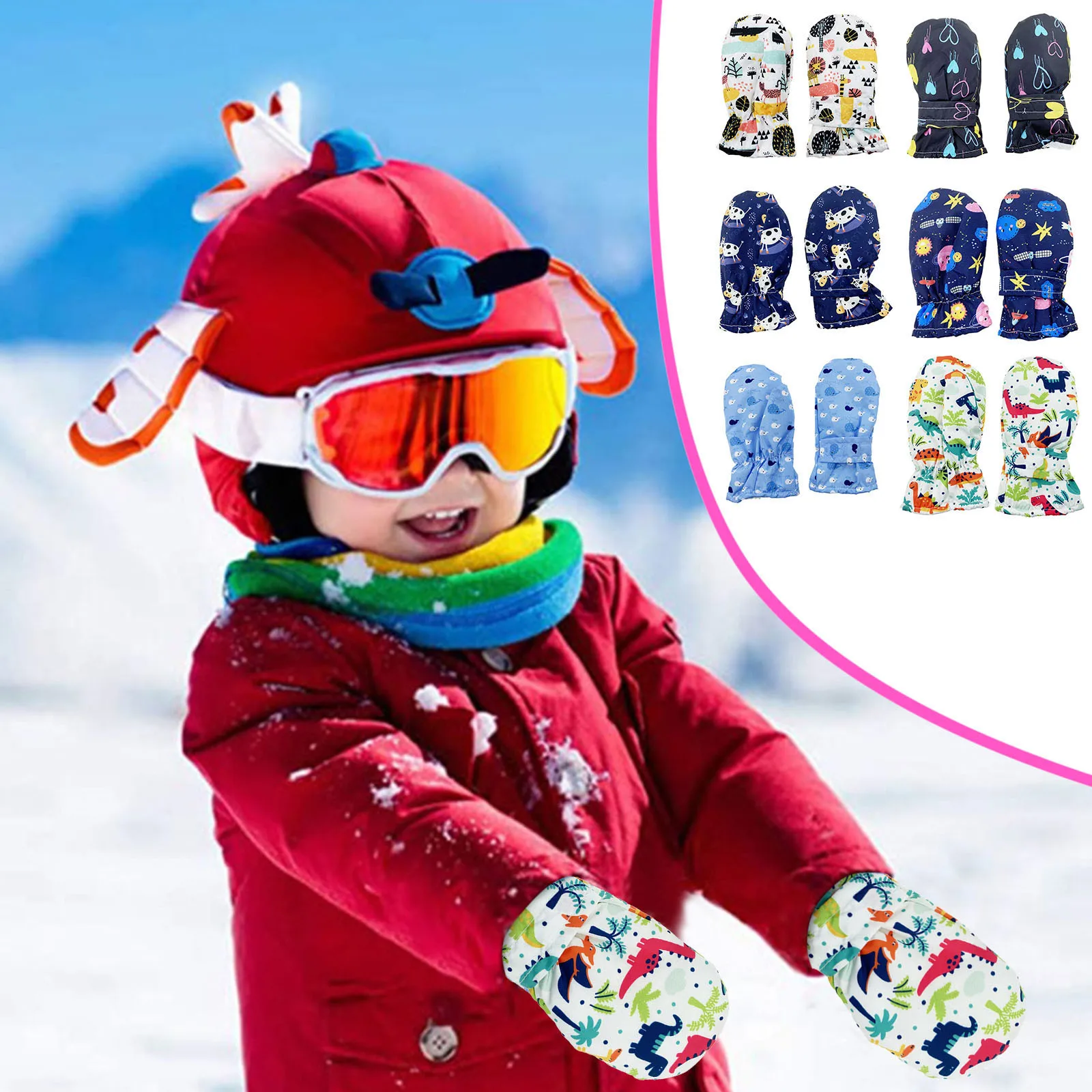 

Toddler Children Autumn Winter Waterproof Mittens Thickened Fleece Lined Comfortable Warm Cartoon Patterned Skiing Snow Gloves
