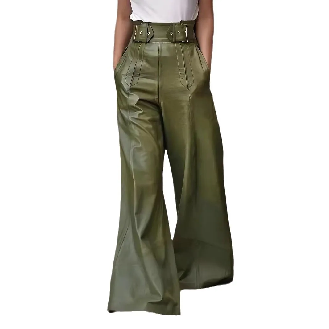 High Waist PU Leather Pants Loose Wide Leg Pocket Pants Cinched Flare Faux Leather Pants Casual Comfy Stretch Flare Trousers