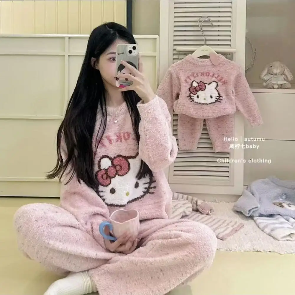 

Hello Kittys Girls Pajamas Autumn Winter New Velvet Student Thicken Keep Warm Long Sleeves Two Piece Set Lounge Clothes