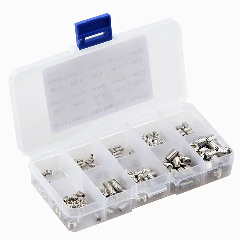 200pcs Hex Hexagon Socket Set Screw Flat Point Grub Screw Assortment Kit stainless steel M3M4 M5 M6 M8 Headless Set Screw DIN913