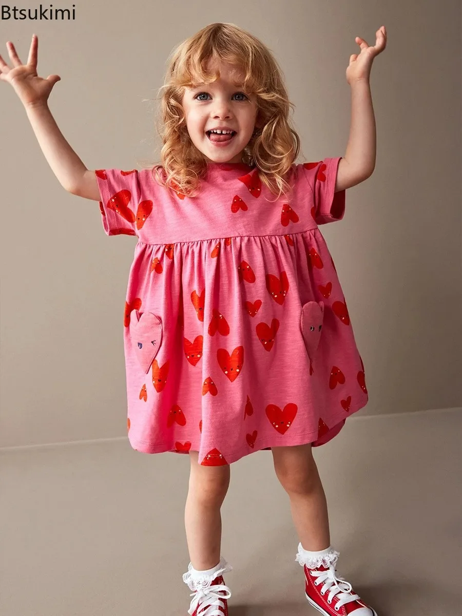 Pure Cotton Love Printed Children's Princess Dress Short Sleeved Round Neck Casual Dress with Heart-shaped Pocket Cartoon Dress