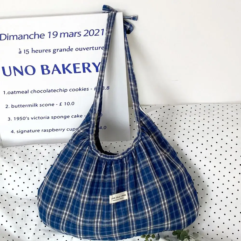 Sweet Korean Style Plaid Crossbody Bag Lightweight Large Capacity Pleated Shoulder Bag Prined Canvas Dumpling Bag Outdoor