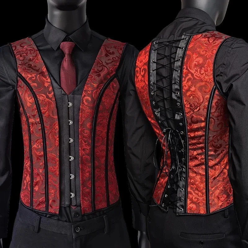 Men's Gothic Steampunk Corset Vest Victorian Brocade Waistcoat Lace Up Slim Fit Suit Vest For Medieval Performance Costume Party