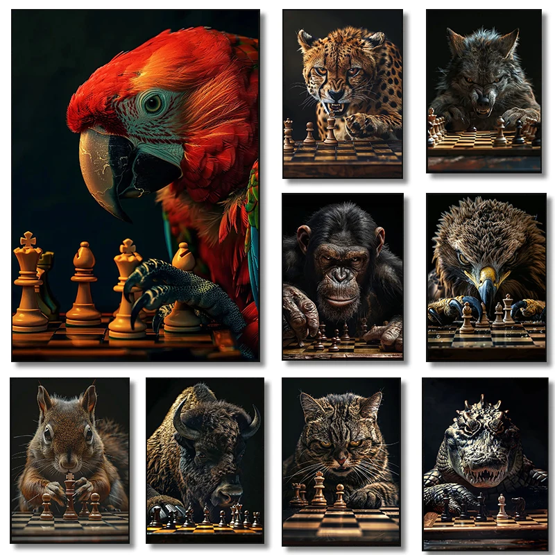 Focus On Ferocious Animals Playing Chess Posters Tabby Cat Falcon Cheetah Modern Prints Canvas Wall Art Pictures Home Room Decor