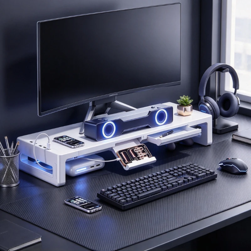 Monitor Stand Riser Adjustable Foldable Metal Desktop Organizer USB 3.0 Hub Charging Shelf 80kg Load Support for Computer Use