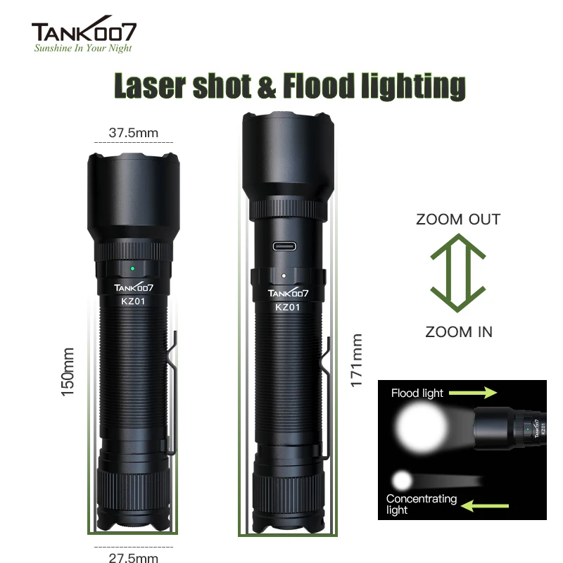 TANK007 KZ01 LED Flashlight High Power 4 Modes Waterproof Focus Zoomable Flash Lights Portable Torch Type-C Charging for Outdoor