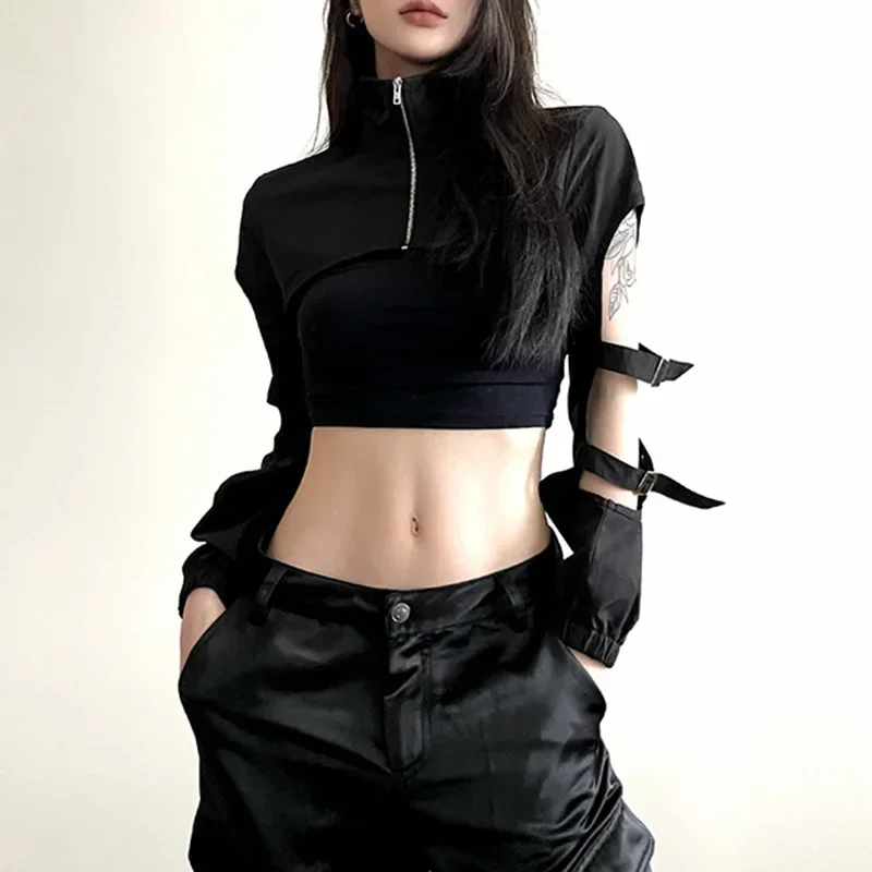 2025 New Retro Dark Hollow Out Techwear Cargo Cardigans Cyber Gothic Zip Up Sexy Crop Jackets Y2k Punk Turtleneck Streetwear Top