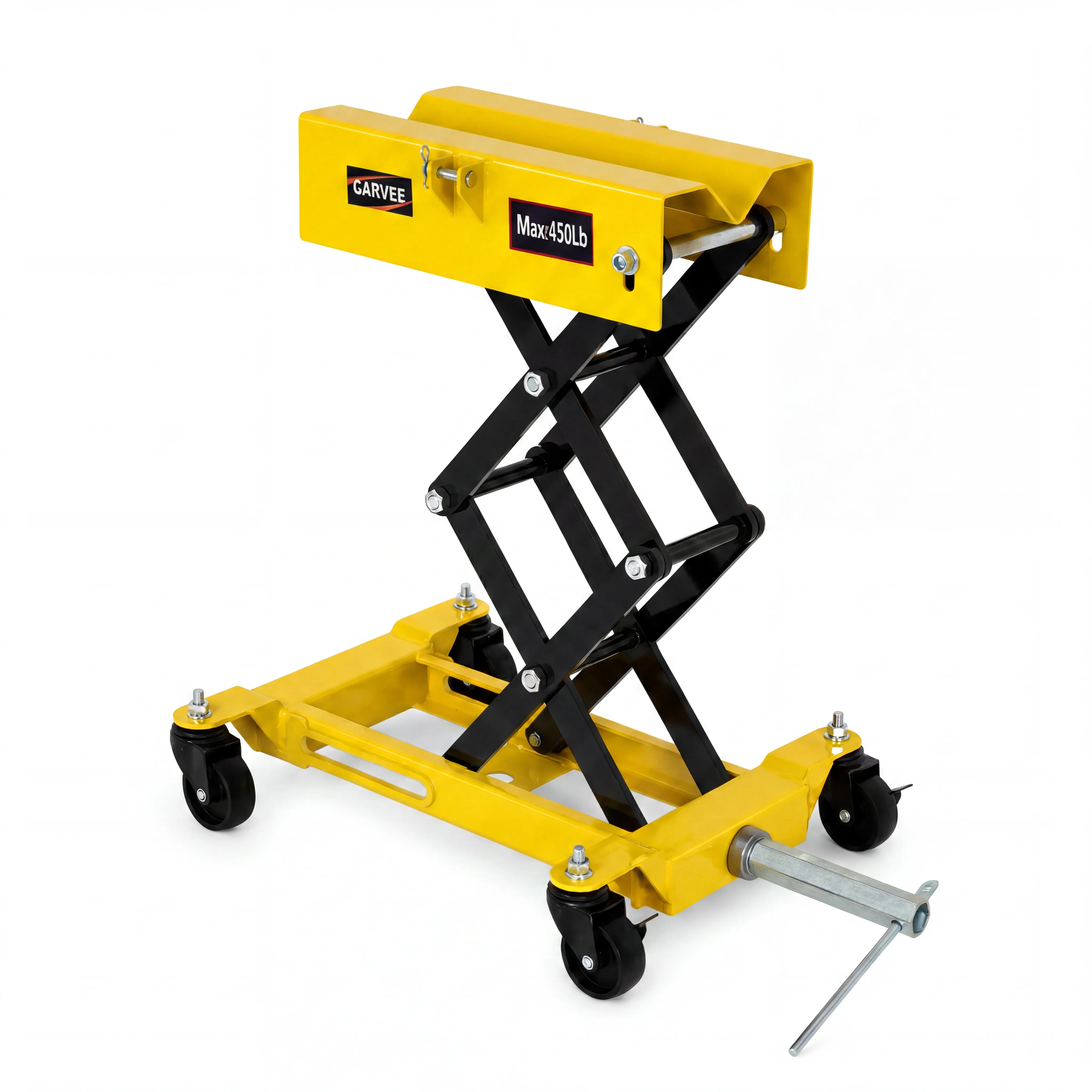 450 lbs Low Profile Power Transfer Jack – Heavy-Duty Double Scissor Lift – 7-23 Inch Range – Safety Straps & 4 Swivel Wheels – Ideal for Auto Repair & Garage Maintenance – Red