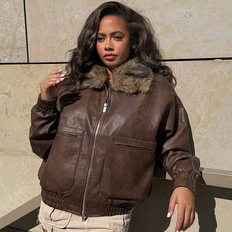 

BKQU Vintage Women's Faux Fur Collar Leather Jacket Chic Loose Full Sleeve Zipper Pocket Motorcycle Coats High Street Outerwears