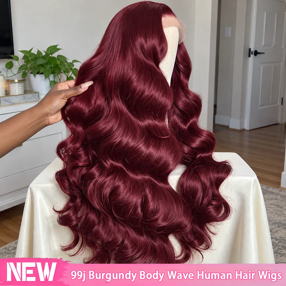 28 Inch 99J Burgundy Wig Human Hair 13X6 HD Body Wave Lace Front Wig Brazilian Pre Plucked With Baby Hair No Tangle No Shedding Red Pre Colored Wigs