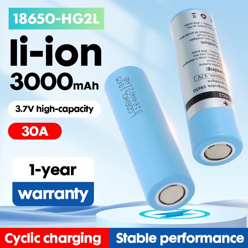 Cylindrical Li-ion Battery 18650 3.7V Continuous Discharge 30A Flat Head High Current HG2L Lithium Battery Rechargeable