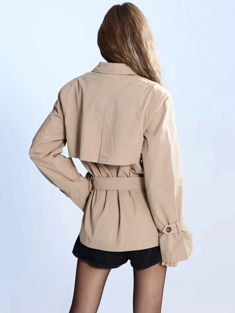 Fashion Women's Trench Coat Lapel Long Sleeves Double Breasted Khaki Loose Short Windbreaker Autumn 2024 New