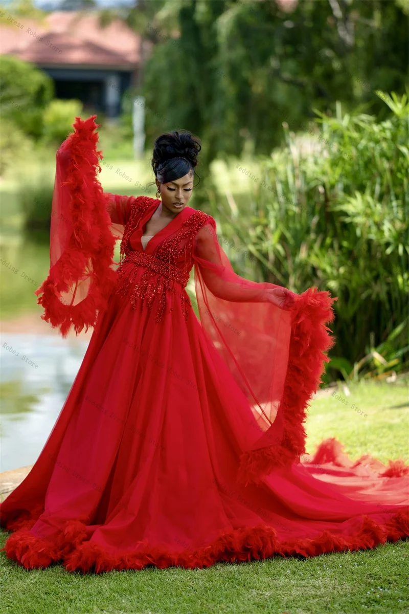 

Red Feather Woman Pregnant Prom Dress Sexy V Neck Full Sleeves Crystals Maternity Robes Evening Gown Sleepwear Customized