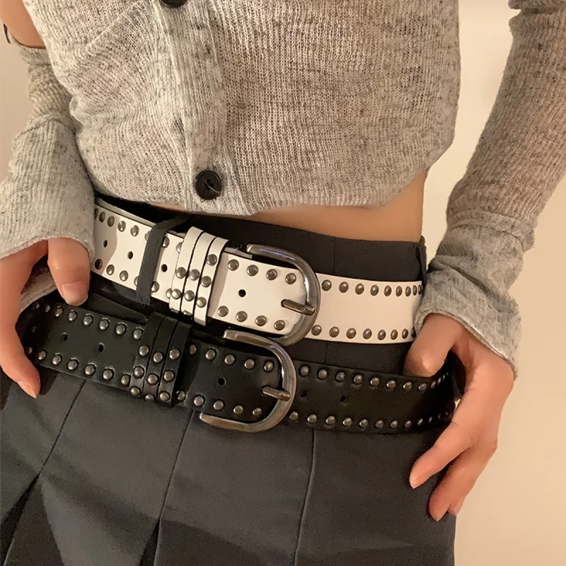 1Creative Personality Rivet DecorationDFashionable Solid Color Shaped Ring Buckle StrapPULeather Women's Belt