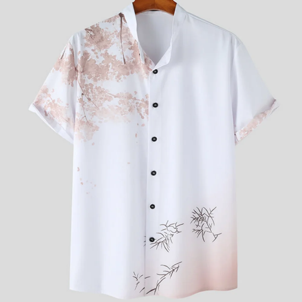 Pure White Tops Cherry Blossom Print Men\'s Short-sleeved Shirts For Vacation Daily Wear Men\'s Short-sleeved Shirts Oversized Top