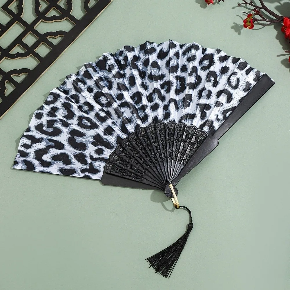 Fashion Collapsible Folding Fan Tassel Handheld Leopard Print Fan Decorative Cloth Fan Female Dance
