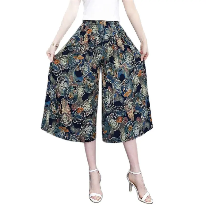 2024 New,Summer Elastic High Waist Print Wide Leg Pants,Women Clothing,Vintage Floral Trousers,Middle aged Elderly Capri Pant