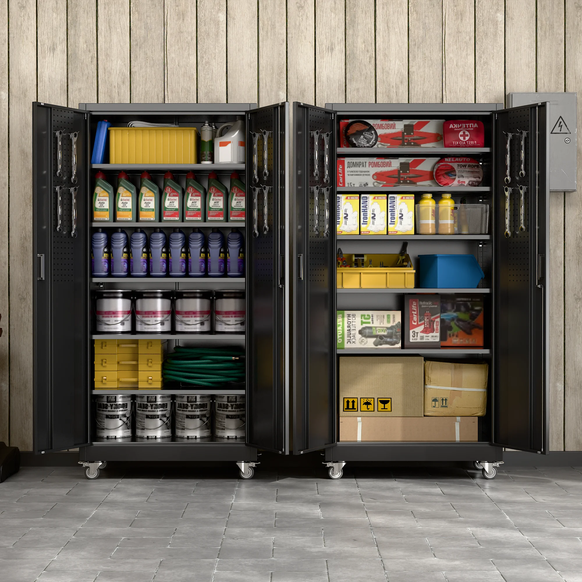 Aobabo Metal Garage Storage Cabinet, 73'' Steel Cabinets on Wheels for Office School Home Warehouse Utility Room Garage